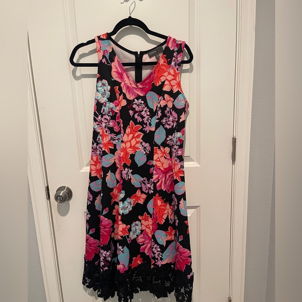Donna Ricco Black Dress with Pink and Blue Floral Pattern